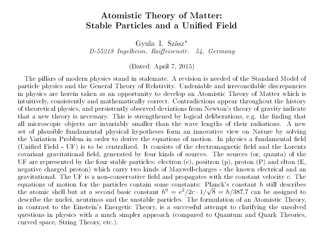 Abstract - Stable Particles and a Unified Field
